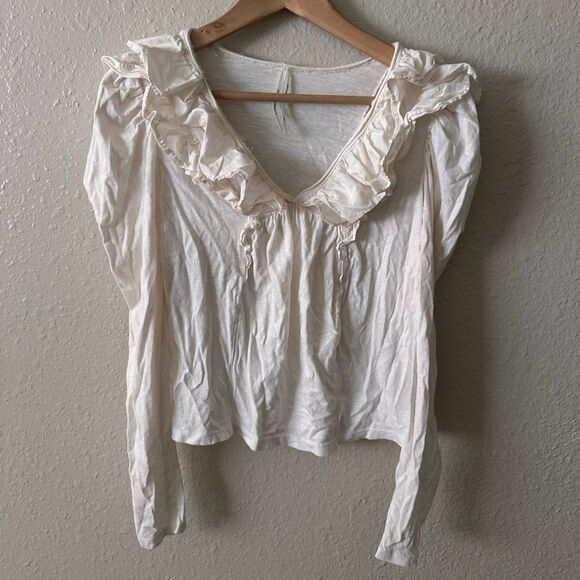 Anthropologie Cream Puff Sleeve Ruffle Long Sleeve Top Size XP Petite Cotton - Picture 1 of 5